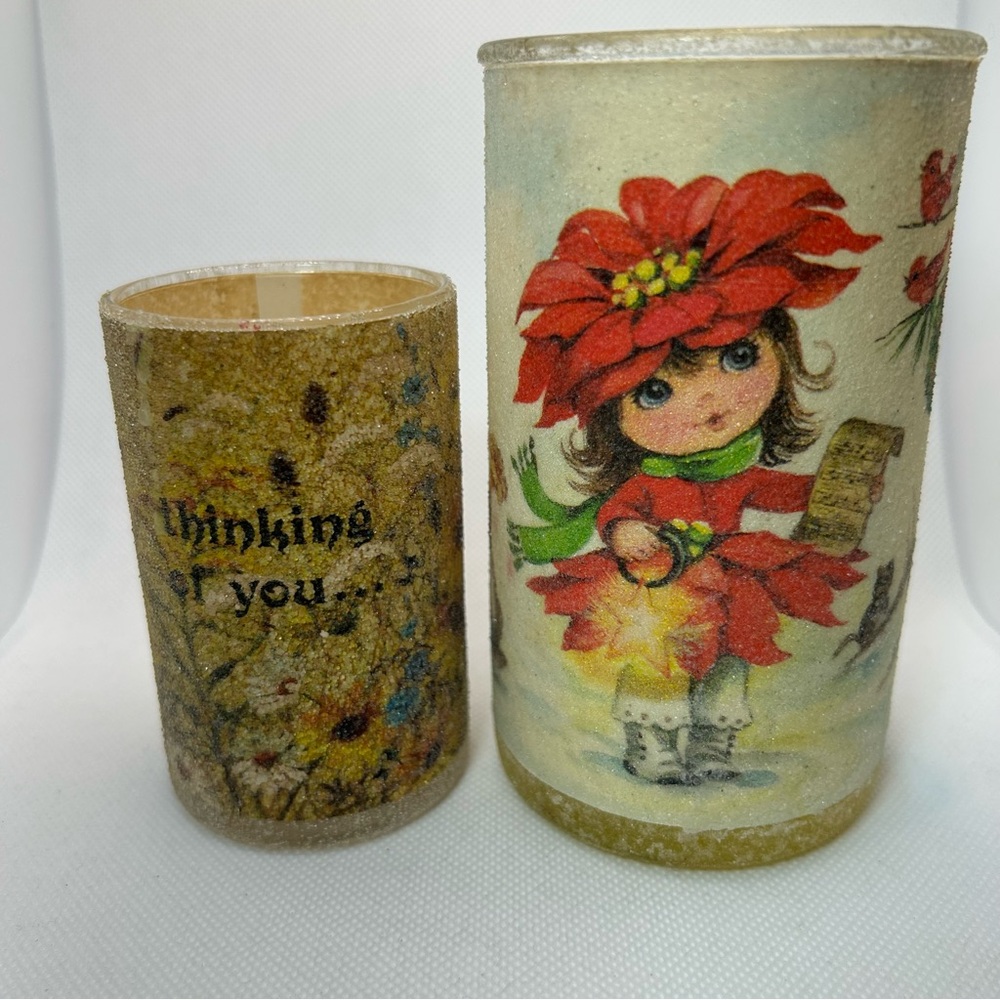 Vintage Sugar Frosted candle holders Christmas woodland creature Thinking of you